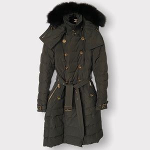 Burberry khaki detachable hood down-filled puffer coat trench xs petite …